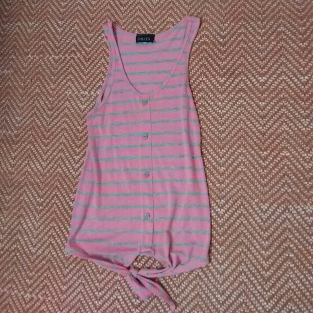Pink Gray Stripped Sleeveless Tied Tee